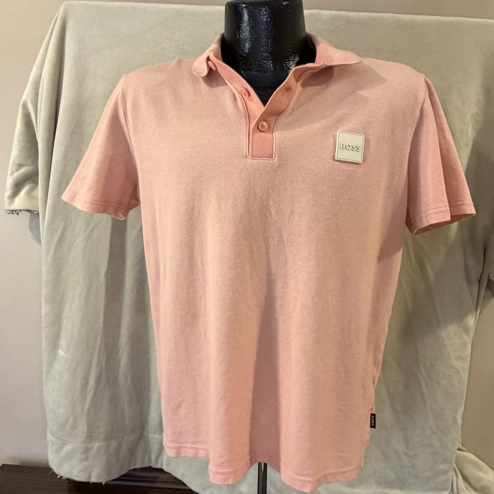 Hugo Boss Polo Shirt Men's Medium Pink Short Sleeve Logo Cotton Casual Golf